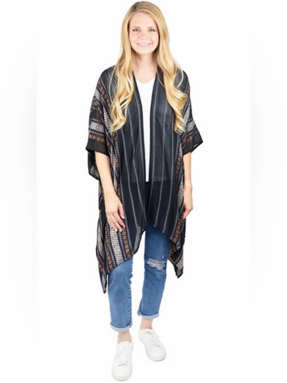 Time and Tru Yarn Dye Border Stripe Layering Kimono Top - Black OS NWT!